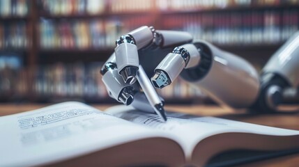 Poster - A robotic hand holding a pen writes on a page of a book in a library. Generative AI