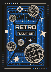 Poster - Retro-futuristic poster with abstract y2k shapes and wireframe spheres. Vector template for banner, post, cover