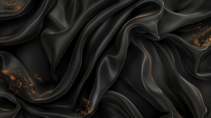 Black luxury cloth, silk satin velvet, with floral shapes, gold threads, luxurious, elegant waves design.