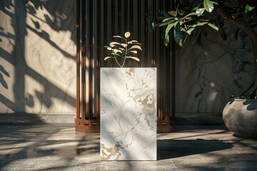 Canvas Print - Luxurious stonemarble pedestal basks in foliage gobo sunlight. Wooden rod backdrop adds depth and elegance. Ideal for premium product showcases and sophisticated designs - generative ai