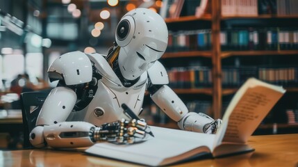 Poster - A humanoid robot sits at a desk in a library, writing in a notebook with a robotic hand. Generative AI
