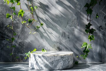 Canvas Print - Luxurious stonemarble pedestal basks in foliage gobo sunlight. Wooden rod backdrop adds depth and elegance. Ideal for premium product showcases and sophisticated designs - generative ai