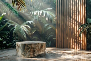 Canvas Print - Luxurious stonemarble pedestal basks in foliage gobo sunlight. Wooden rod backdrop adds depth and elegance. Ideal for premium product showcases and sophisticated designs - generative ai