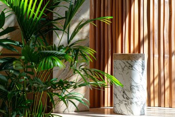 Canvas Print - Luxurious stonemarble pedestal basks in foliage gobo sunlight. Wooden rod backdrop adds depth and elegance. Ideal for premium product showcases and sophisticated designs - generative ai