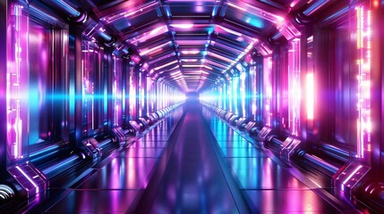 Poster - Futuristic neon tunnel with vibrant lights, creating a captivating and immersive sci-fi atmosphere for various creative projects.