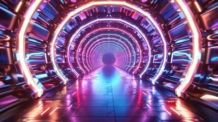 Poster - Futuristic tunnel illuminated with vibrant neon lights, creating a captivating and immersive digital environment.