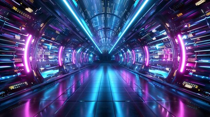 Poster - Futuristic corridor with neon lights, creating a vibrant and immersive sci-fi atmosphere for creative projects.