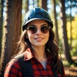 © Kheng Guan Toh - Woman lumberjack wearing  cap, sunglasses, and safety gear next to trees smiling