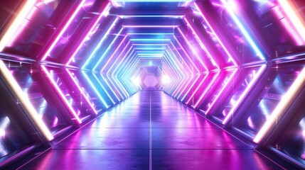 Poster - A captivating neon-lit corridor showcasing vibrant colors and geometric patterns, creating a futuristic and immersive atmosphere.