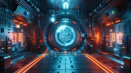 Wall Mural - futuristic sci-fi corridor featuring neon lights and a glowing portal. ideal for technology and spac