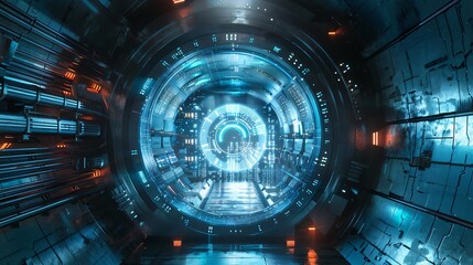 Poster - Futuristic tunnel with glowing lights and advanced technology, creating a mesmerizing sci-fi atmosphere.