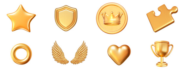 3d golden set of heart, crown, trophy cup, shield, wings, star, puzzle, coin, torus. stock vector il