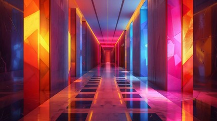 Poster - Vibrant corridor with colorful lights reflecting on polished surfaces, creating a futuristic and dynamic atmosphere.