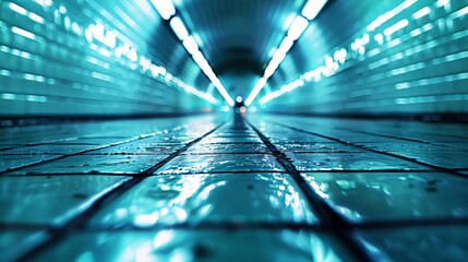 Poster - A captivating view of a tunnel featuring reflective tiles and ambient light, creating a serene atmosphere of depth and perspective.