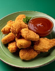 Wall Mural - Spicy fried crispy chicken nuggets on green background