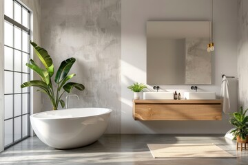 Modern minimalist bathroom interior, modern bathroom cabinet, white sink, wooden vanity, interior plants, bathroom accessories, bathtub and shower, concrete floor - generative ai