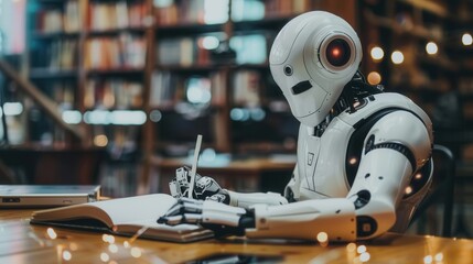 Fototapete - A white robot with a red eye sits at a table in a library and writes in a notebook with a pen. Generative AI