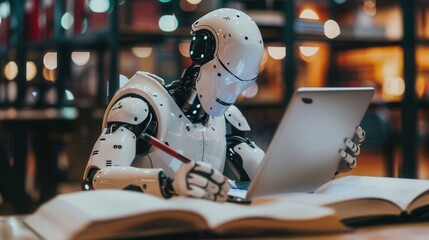 Fototapete - A white humanoid robot sits at a desk in a library, working on a laptop and taking notes with a pencil. Generative AI