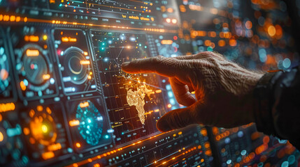 Poster - A hand interacts with a high-tech futuristic interface, featuring holographic data and glowing graphics on a dark background. Concept of technology and innovation