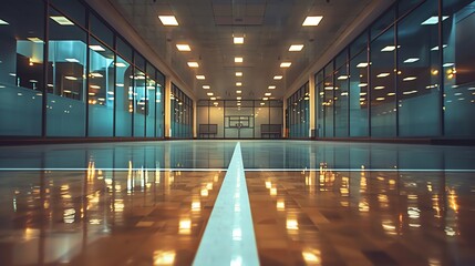 Empty corridor with glass walls and white line in the middle.