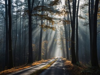 Canvas Print - Forest road with fog Sunlight streaming through trees on an autumn morning near Piaseczno - high contrast