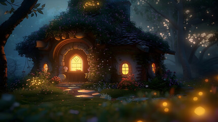 Wall Mural - 3D render of a fairy house in the forest at night.