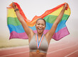 © Fanti/peopleimages.com - Runner, rainbow flag and portrait of black woman in stadium for winning race, challenge and marathon. Sports, fitness and happy lgbtq person celebrate for victory, training and running on track