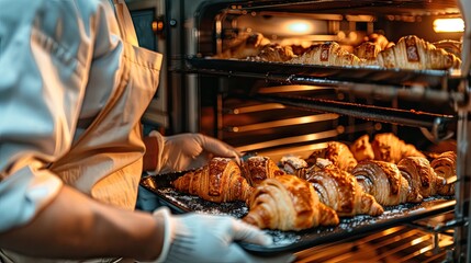 A baker bakes croissants in the oven. Selective focus.