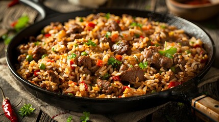 Wall Mural - Beef and Vegetable Fried Rice in a Pan