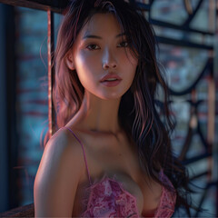 Wall Mural - young beautiful Asian woman, femme fatale aesthetic,long hair, wearing a pink dress