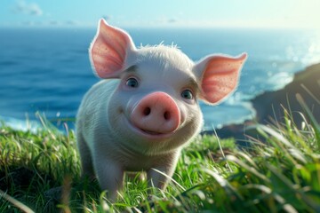 Closeup of a cute baby pig standing on a grassy hill near the ocean. The adorable piglet has a joyful expression. This image is perfect for children's books or nature concepts. Generative AI.