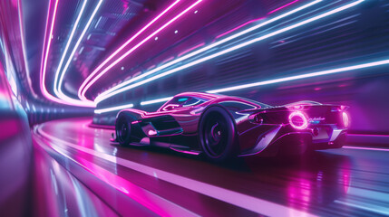 Poster - Futuristic sports car races through a tunnel with neon lights illuminating the way. Digital art.