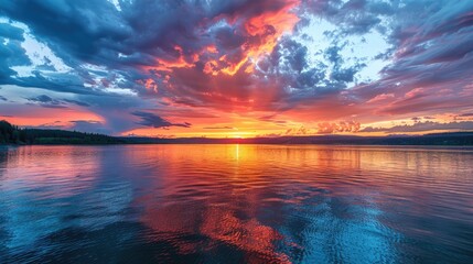 Colorful cloudy sky at sunset, with shades of red, gold, and blue illuminating the horizon, capturing nature's beauty with this inviting photo.