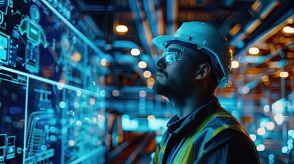 Poster - Engineer collaborating with AI-driven predictive maintenance systems, highlighting the benefits of AI in optimizing industrial operations with this inviting photo.