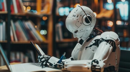 Fototapete - A humanoid robot sits at a desk in a library, writing in a notebook. Generative AI