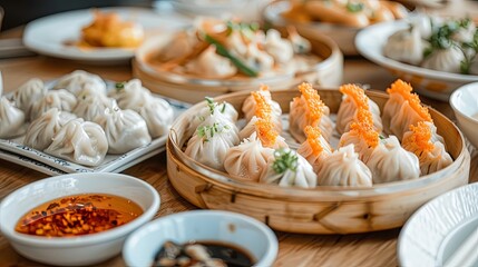 Fresh Seafood Dumplings on a Wooden Table with White China, Exemplifying Cantonese Dim Sum's Delectable Taste and Aesthetic Presentationc