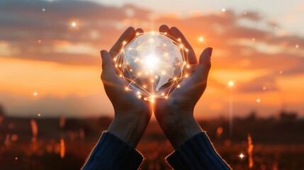 Poster - Global network connection and a globe in hands on sunset background, representing the unity of global networks with this inviting photo.