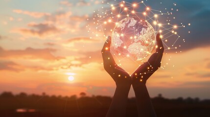 Poster - Global network connection and a globe in hands on sunset background, representing the unity of global networks with this inviting photo.