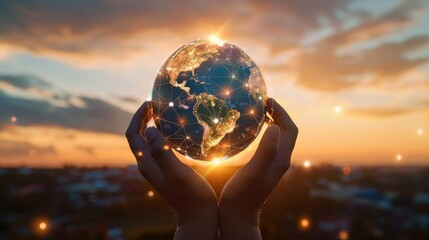 Poster - Global network connection and a globe in hands on sunset background, emphasizing the importance of worldwide communication with this inviting photo.