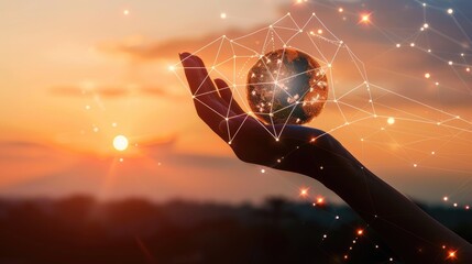Poster - Global network connection and a globe in hands on sunset background, symbolizing the future of global communication with this inviting photo.