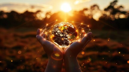 Poster - Global network connection and a globe in hands on sunset background, illustrating the seamless flow of information with this inviting photo.