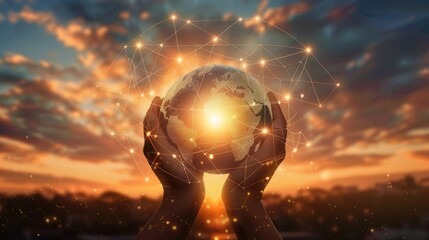 Poster - Global network connection and a globe in hands on sunset background, highlighting the unity of a connected planet with this inviting photo.