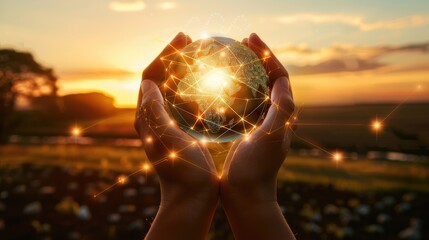 Poster - Global network connection and a globe in hands on sunset background, highlighting the impact of technology on global unity with this inviting photo. -