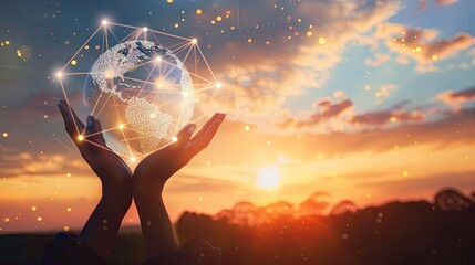 Poster - Global network connection and a globe in hands on sunset background, symbolizing global collaboration and connectivity with this inviting photo.