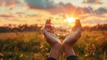 Poster - Global network connection and a globe in hands on sunset background, highlighting unity and interconnectedness with this inviting photo.