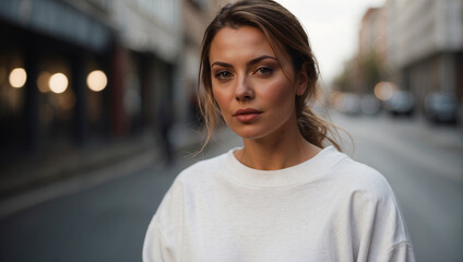 White blank sweatshirt mockup by woman, outdoor clothing mockups