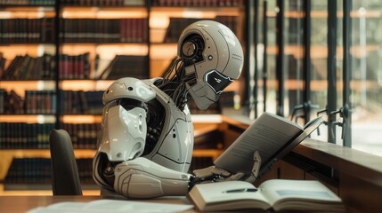 Poster - A white artificial intelligence robot sits at a table in a library, reading a book. Generative AI