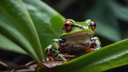 Wall Mural - Frog peeking out from under leaves