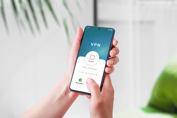 Aufkleber - Using a VPN connection app on a smartphone. Highlights mobile security, privacy protection, and secure internet access in a modern digital concept