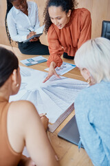 Aufkleber - Architect, group or business women with blueprint for brainstorming ideas at startup. Team, document or engineer with creative design drawing for planning construction project, building or discussion
